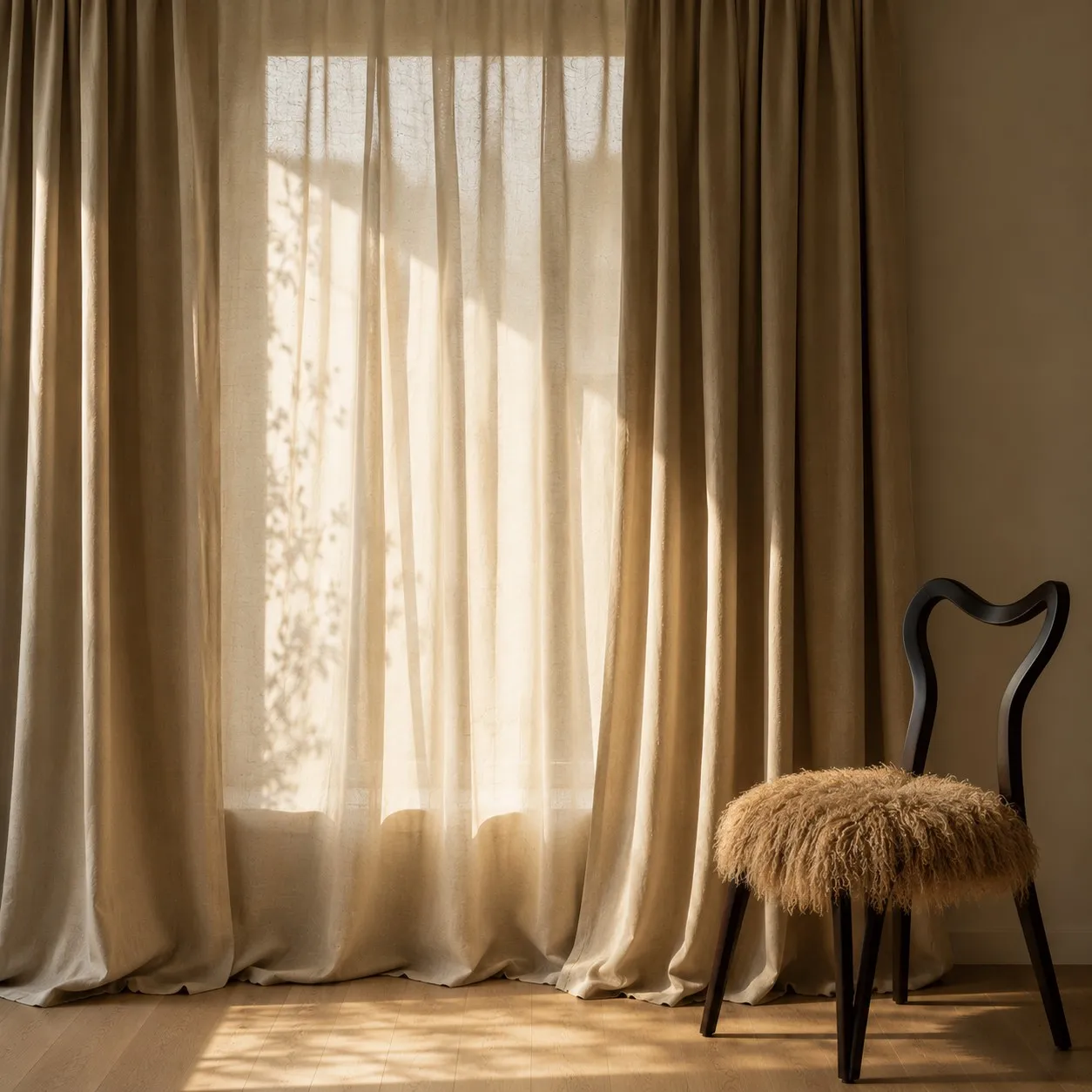 Sculptural dark chair with a sheepskin seat against full-height linen curtains